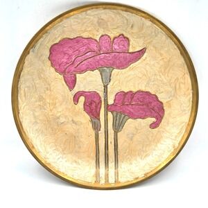 VINTAGE B E International Enamel Brass Plate with Pink Floral Design INDIA